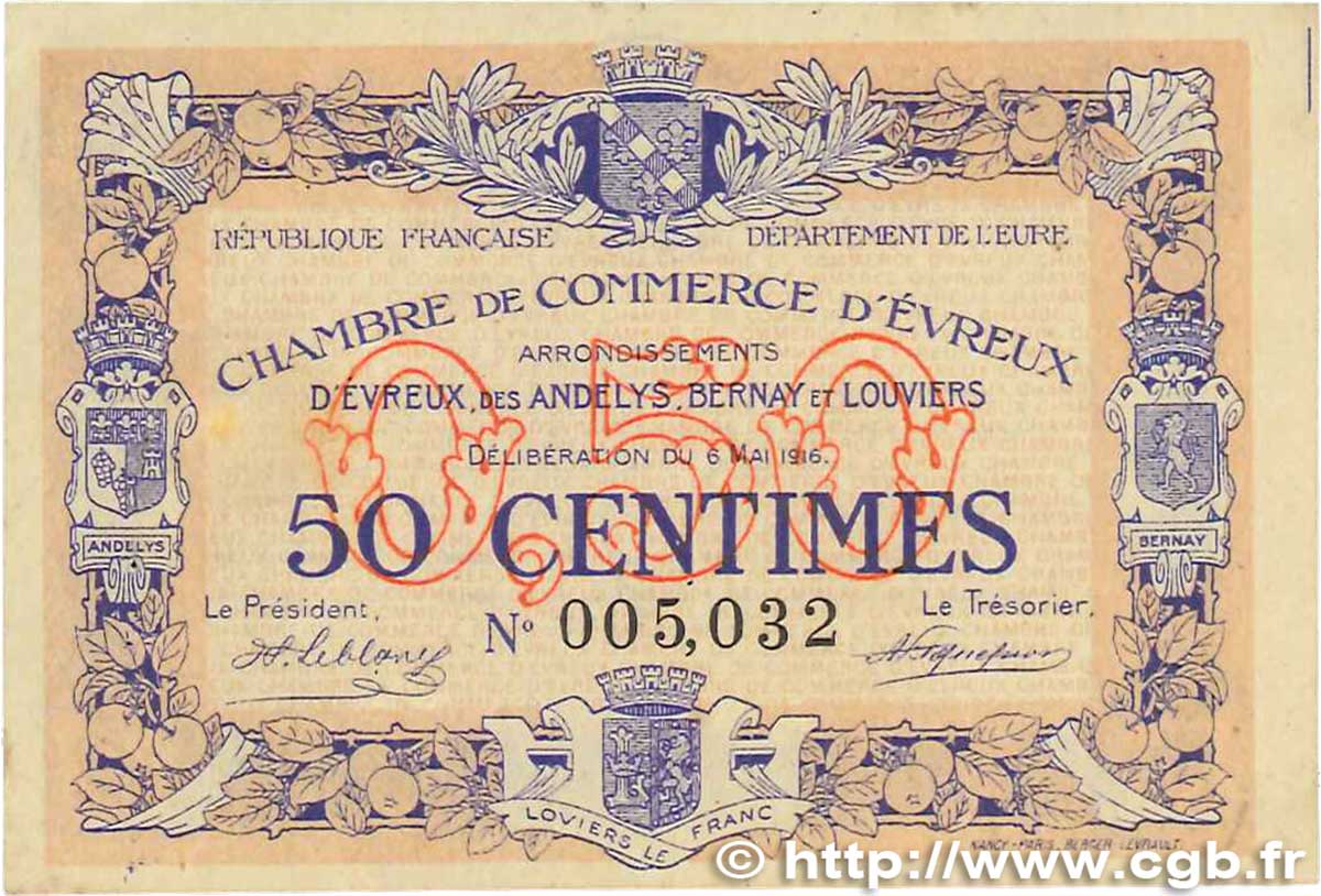 50 Centimes FRANCE regionalism and various Évreux 1916 JP.057.02 VF-