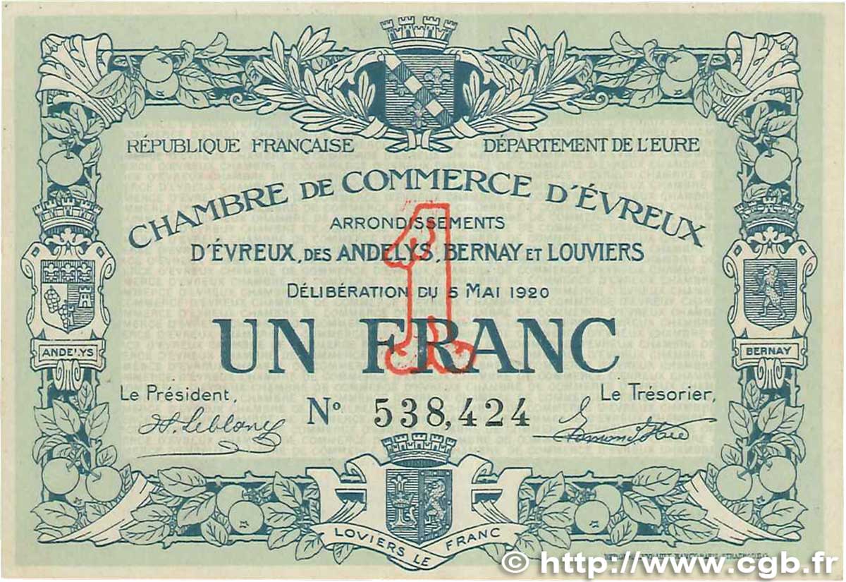 1 Franc FRANCE Regionalismus und verschiedenen Évreux 1920 JP.057.15 fVZ
