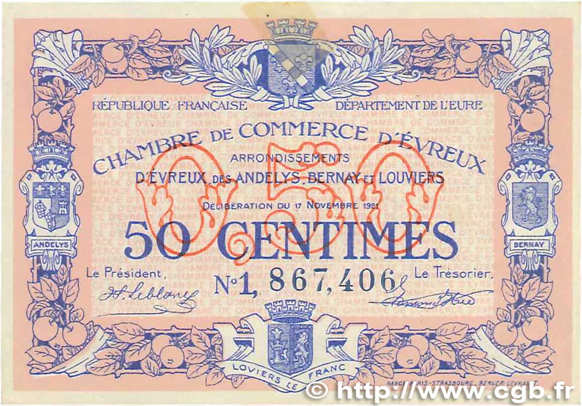 50 Centimes FRANCE regionalism and various Évreux 1921 JP.057.21 VF+
