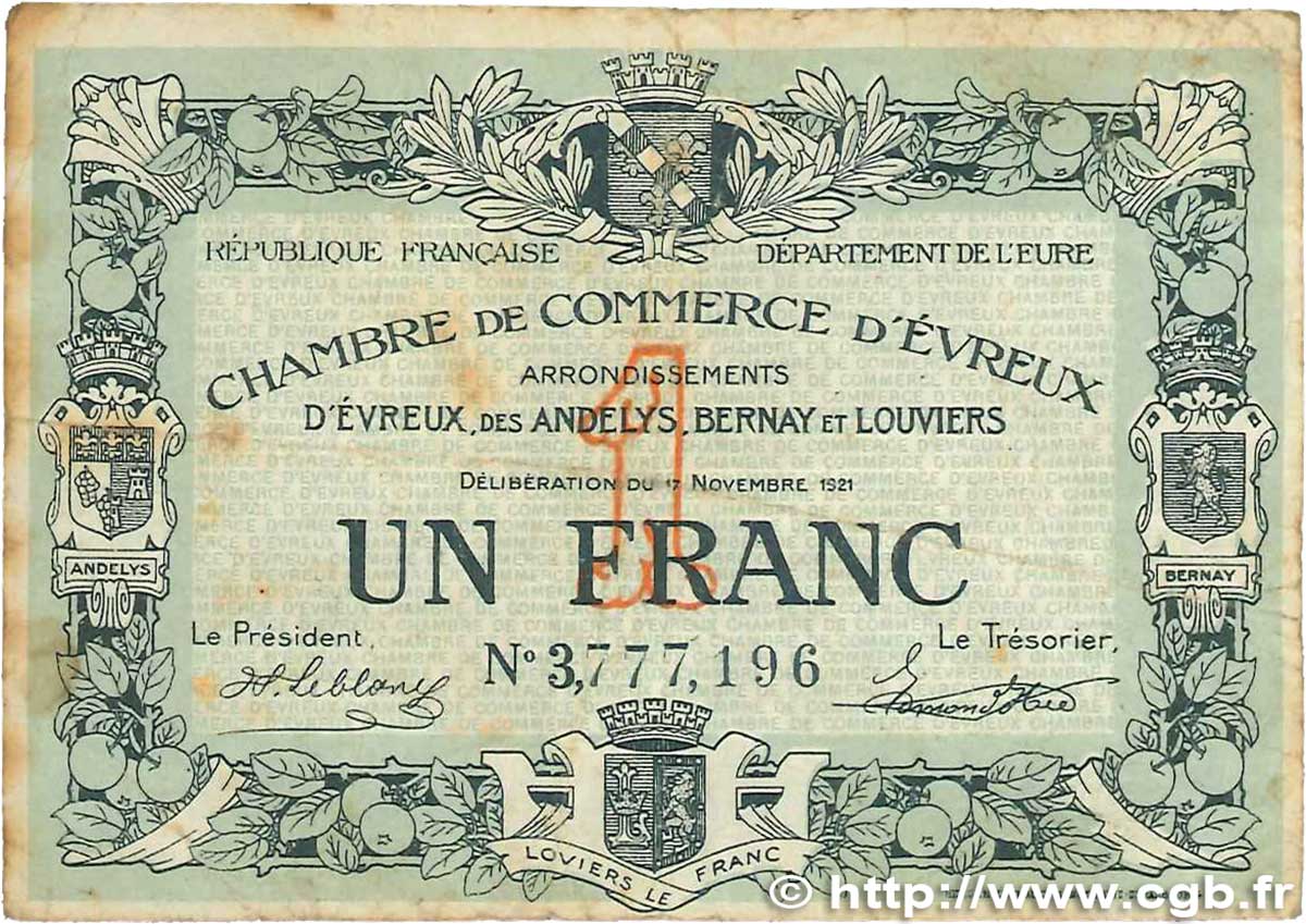 1 Franc FRANCE regionalismo e varie Évreux 1921 JP.057.23 B