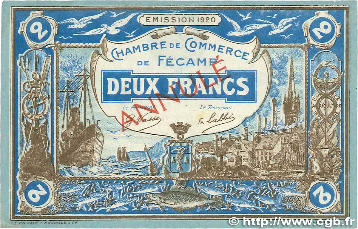 2 Francs Annulé FRANCE Regionalismus und verschiedenen Fécamp 1920 JP.058.06 SS