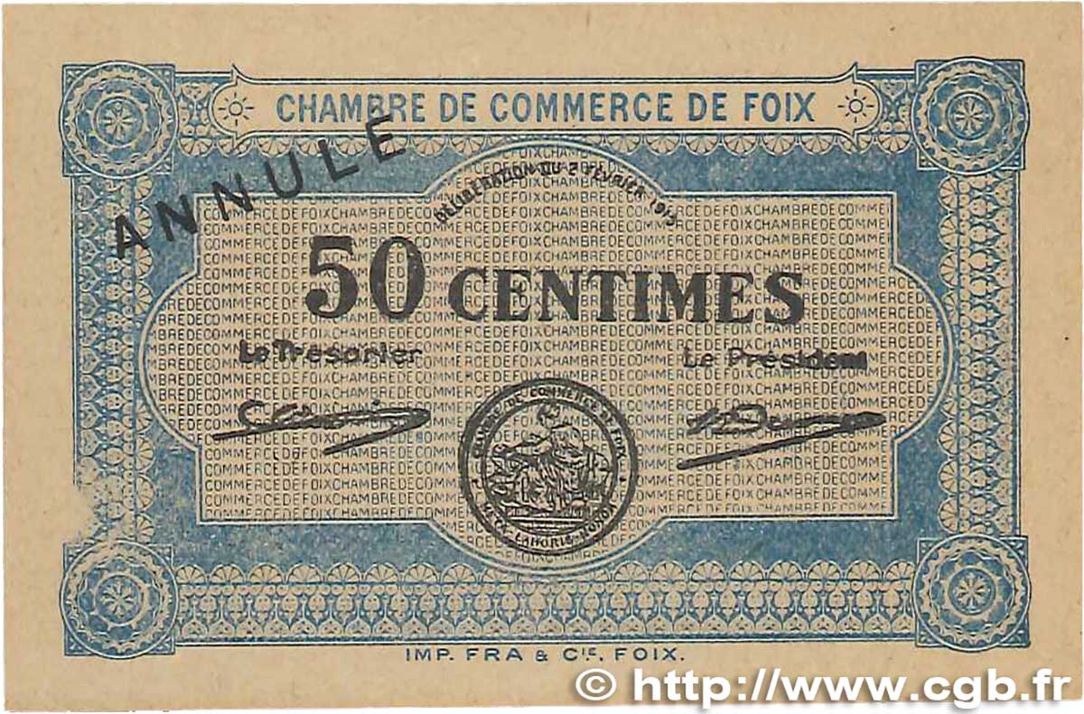 50 Centimes Annulé FRANCE regionalism and various Foix 1915 JP.059.02 AU+