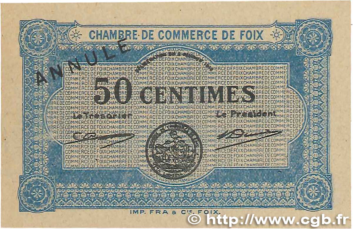 50 Centimes Annulé FRANCE regionalismo e varie Foix 1915 JP.059.02 SPL