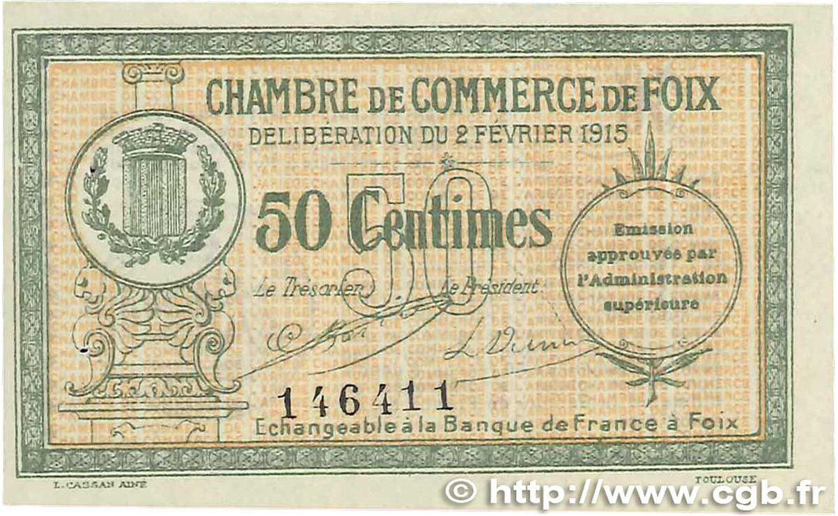 50 Centimes FRANCE regionalism and various Foix 1915 JP.059.05 AU