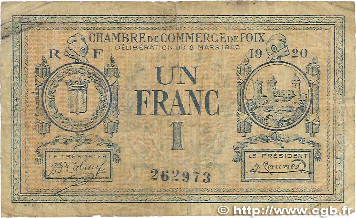 1 Franc FRANCE regionalism and various Foix 1920 JP.059.15 G
