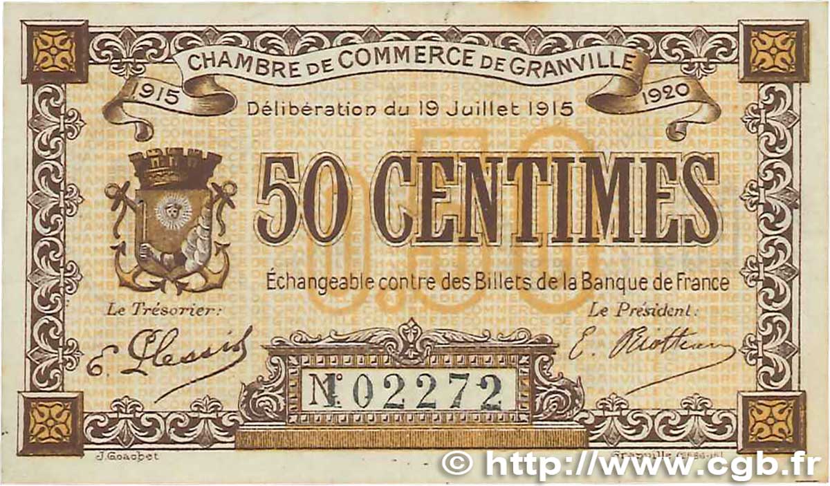 50 Centimes FRANCE regionalism and various Granville 1915 JP.060.01 VF
