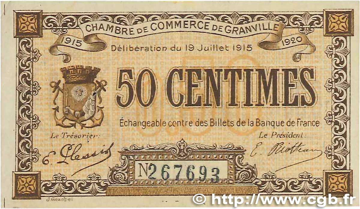 50 Centimes FRANCE regionalism and various Granville 1915 JP.060.01 VF