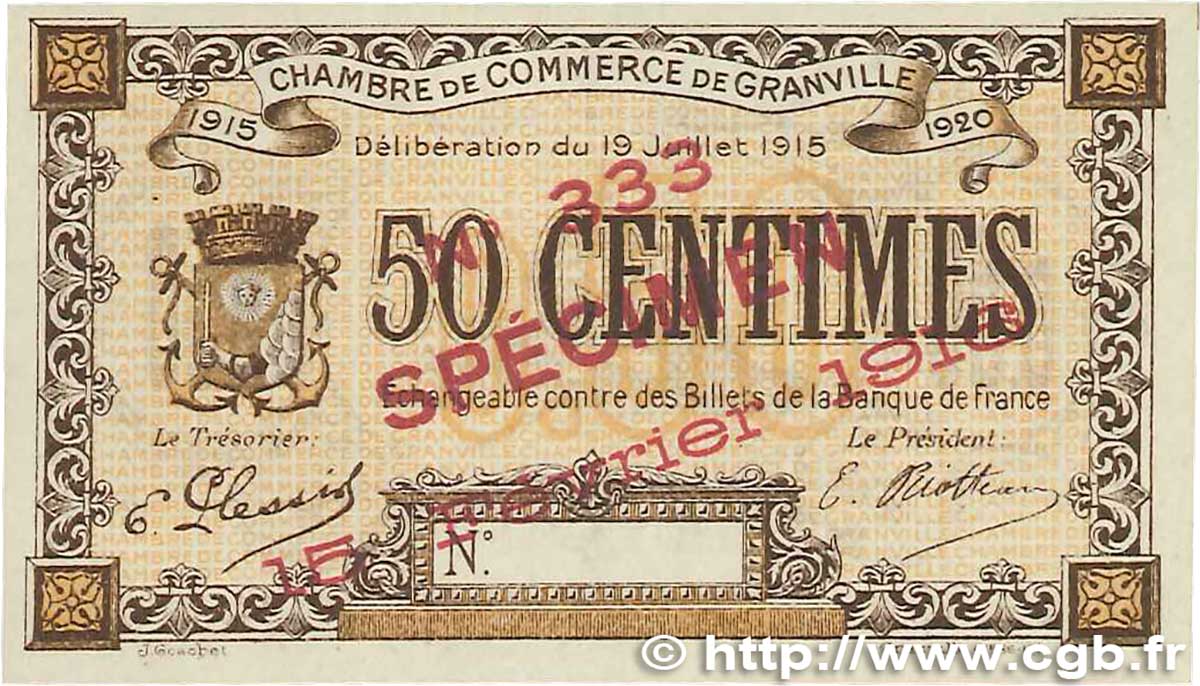 50 Centimes Spécimen FRANCE regionalismo e varie Granville 1915 JP.060.03 AU+