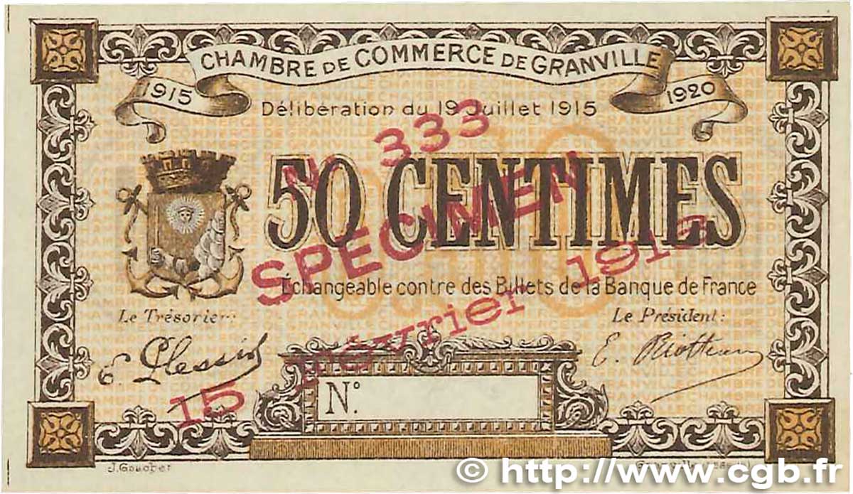 50 Centimes Spécimen FRANCE régionalisme et divers Granville 1915 JP.060.03 pr.NEUF