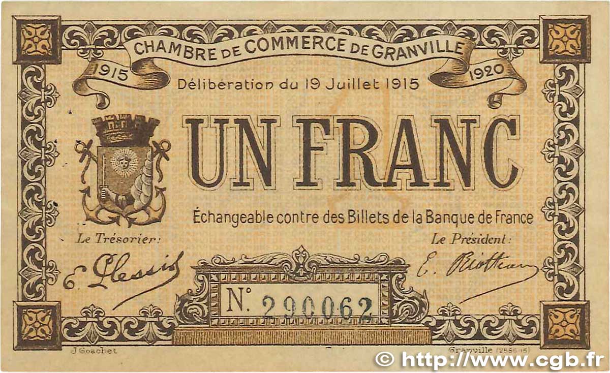 1 Franc FRANCE Regionalismus und verschiedenen Granville 1915 JP.060.04 SS