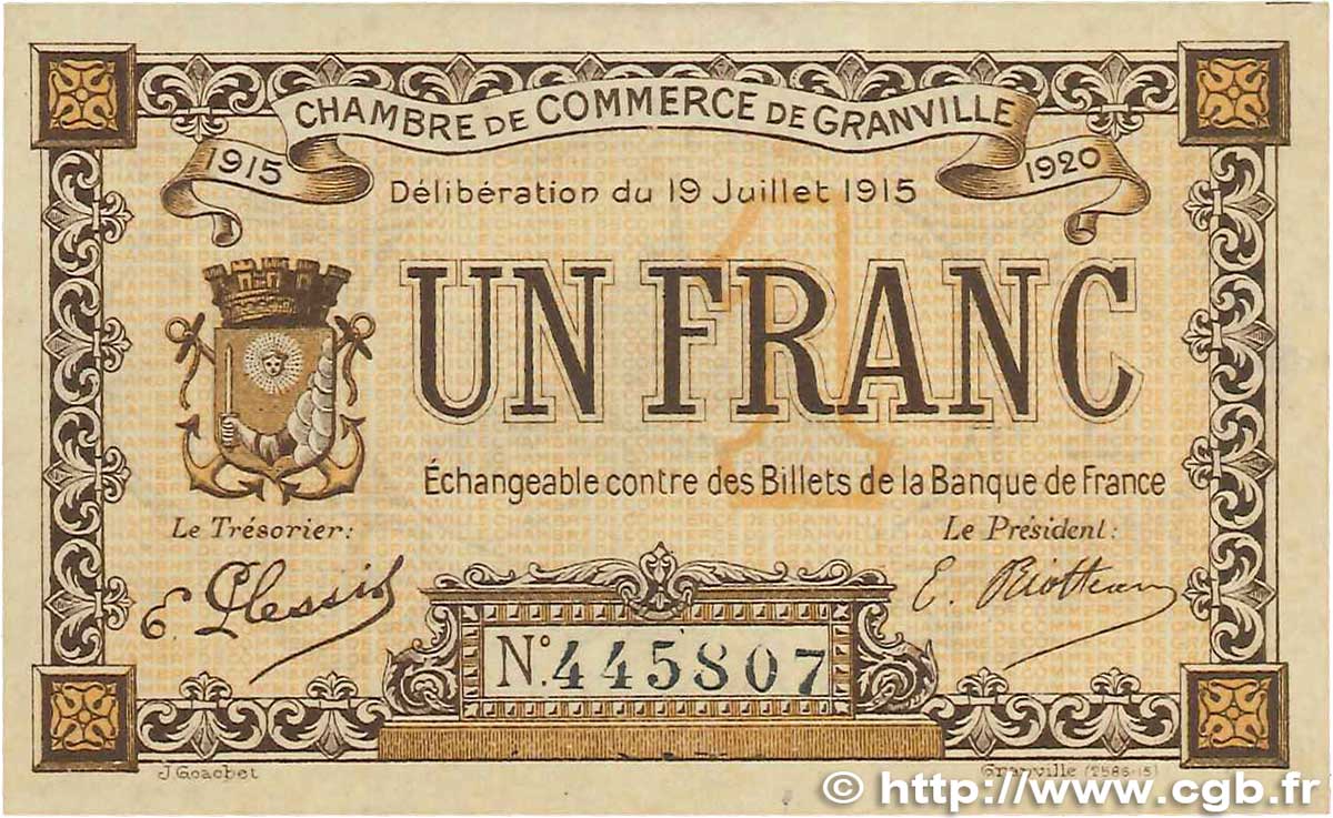 1 Franc FRANCE regionalism and various Granville 1915 JP.060.04 VF+