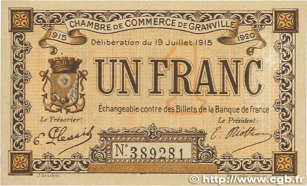 1 Franc FRANCE regionalism and various Granville 1915 JP.060.04 XF