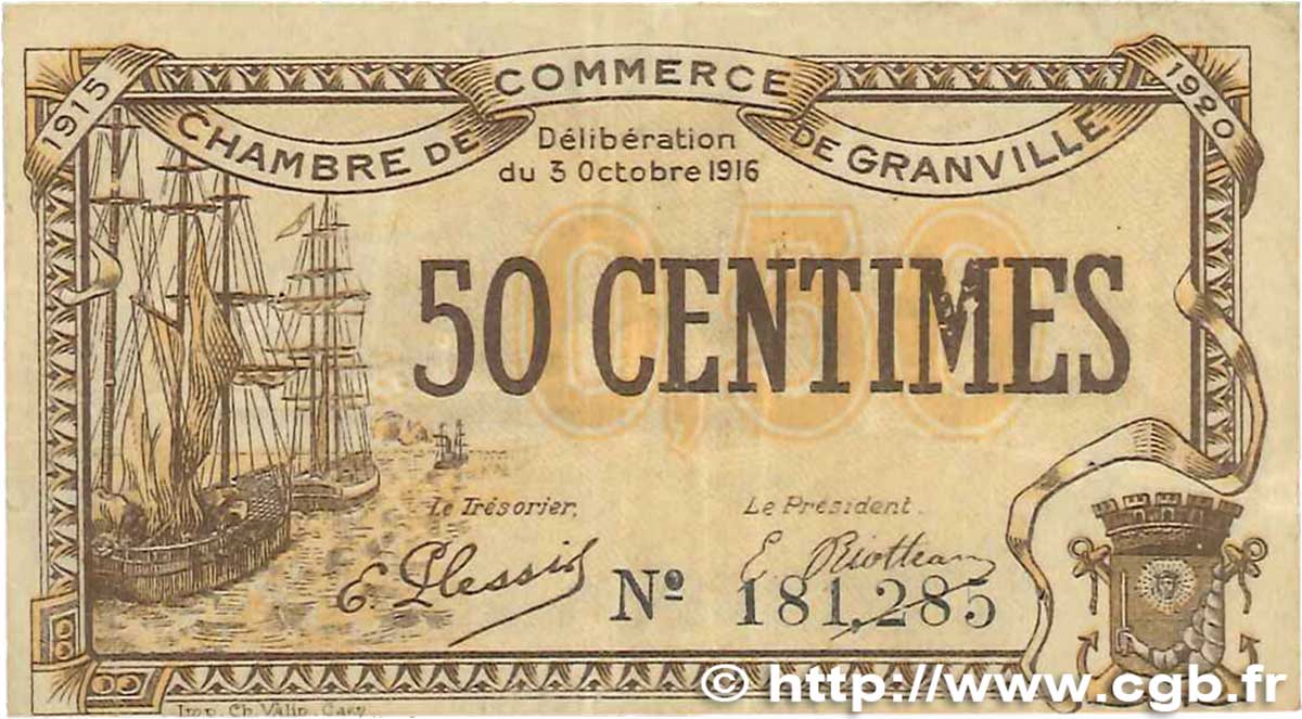 50 Centimes FRANCE regionalismo y varios Granville 1916 JP.060.07 BC