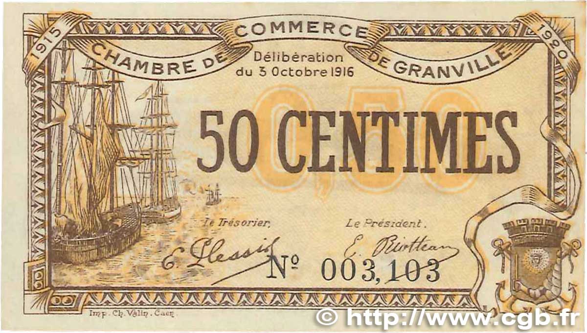 50 Centimes FRANCE Regionalismus und verschiedenen Granville 1916 JP.060.07 VZ
