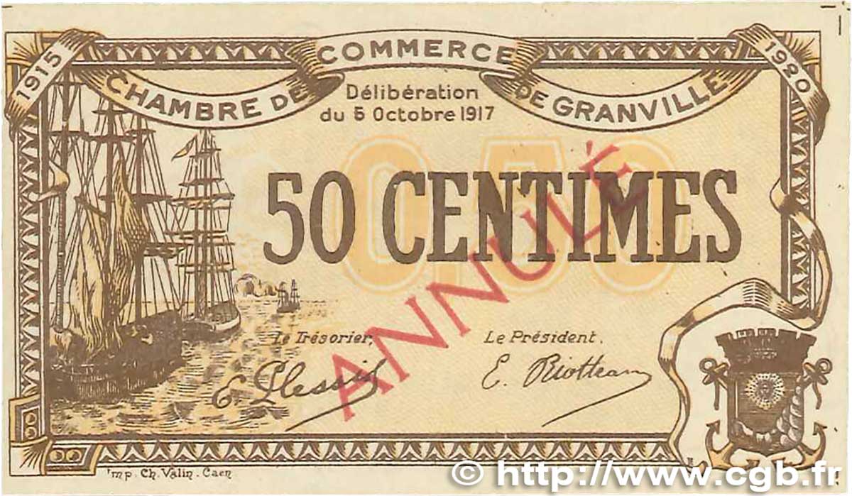 50 Centimes Annulé FRANCE regionalismo y varios Granville 1917 JP.060.12 MBC+