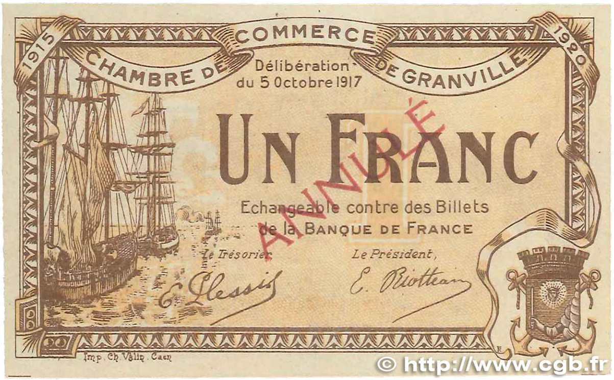 1 Franc Annulé FRANCE regionalism and various Granville 1917 JP.060.14 VF+