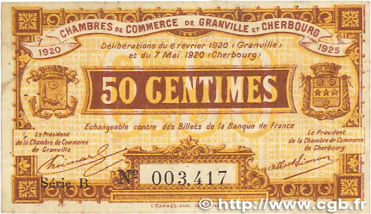 50 Centimes FRANCE Regionalismus und verschiedenen Granville et Cherbourg 1920 JP.061.01 S