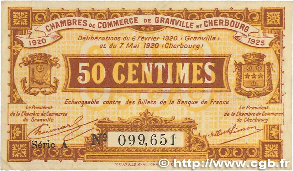 50 Centimes FRANCE Regionalismus und verschiedenen Granville et Cherbourg 1920 JP.061.01 fVZ