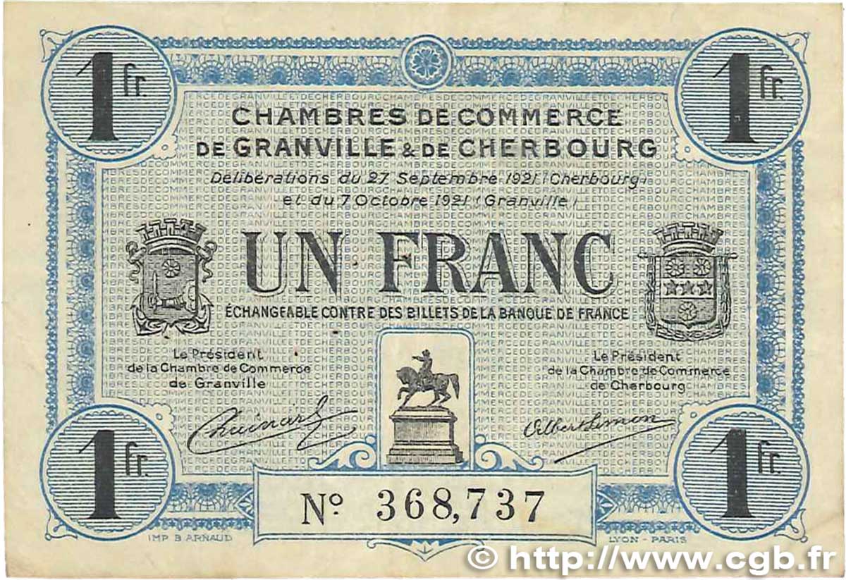 1 Franc FRANCE Regionalismus und verschiedenen Granville et Cherbourg 1921 JP.061.08 S