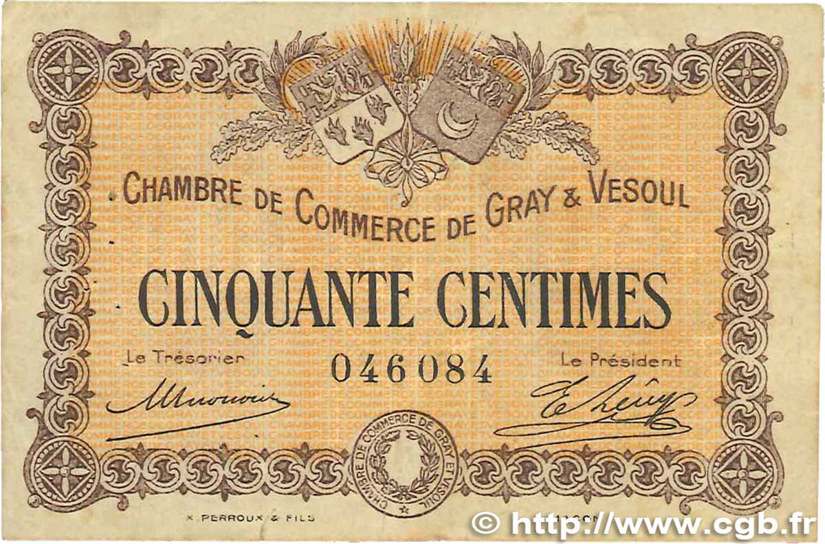 50 Centimes FRANCE regionalism and various Gray et Vesoul 1915 JP.062.01 VG