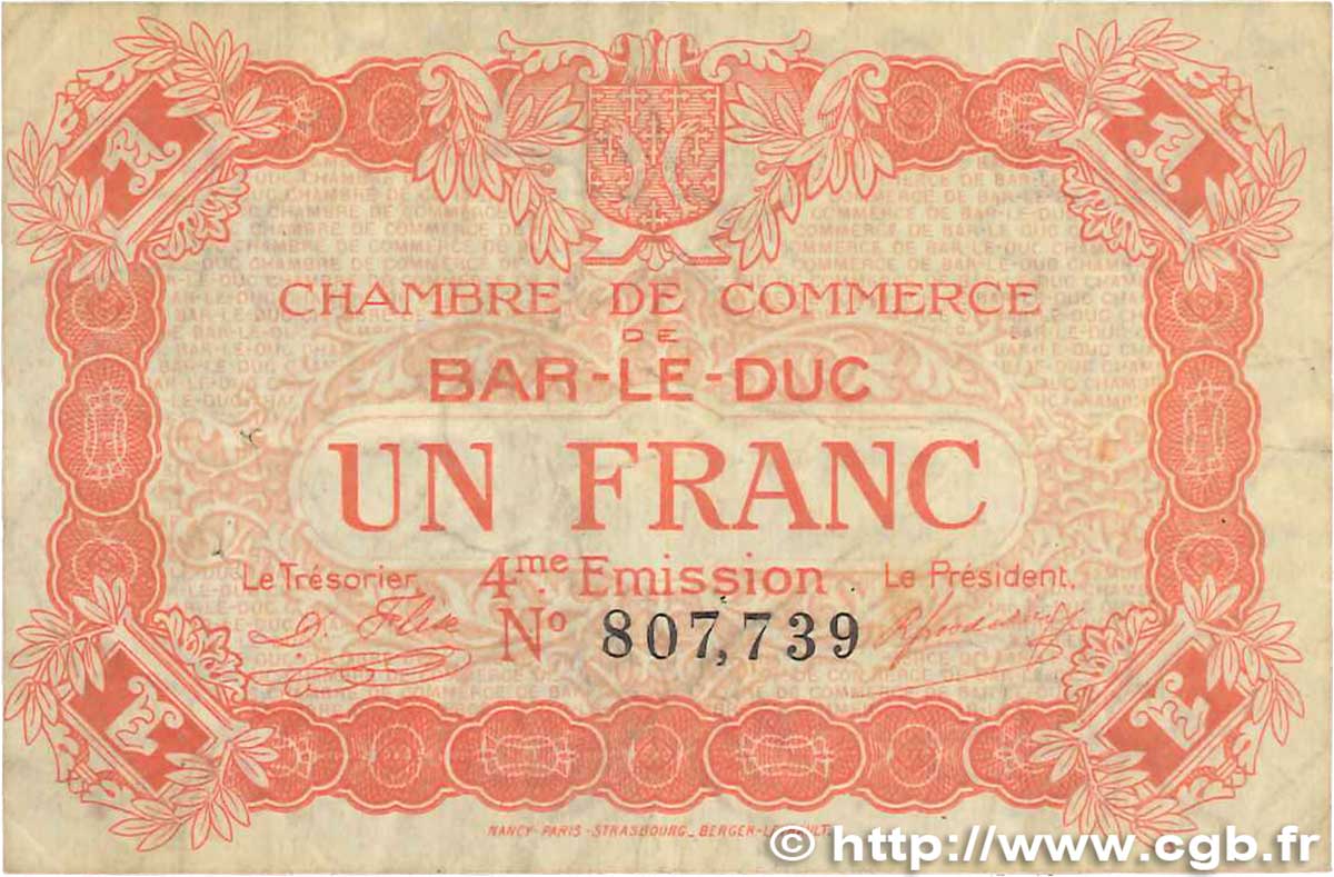 1 Franc FRANCE Regionalismus und verschiedenen Bar-Le-Duc 1917 JP.019.15 S