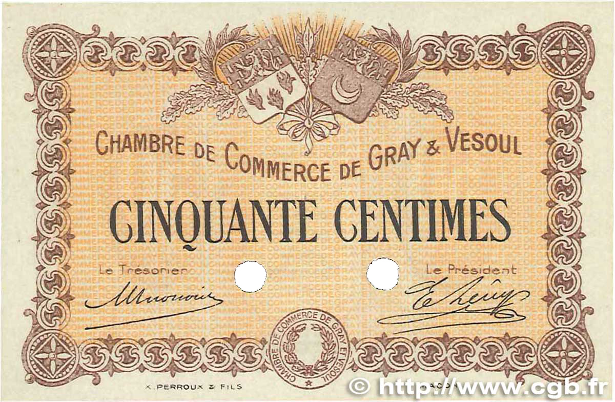 50 Centimes Spécimen FRANCE Regionalismus und verschiedenen Gray et Vesoul 1915 JP.062.02 ST