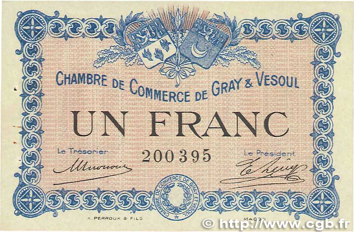 1 Franc FRANCE regionalism and various Gray et Vesoul 1915 JP.062.03 VF+