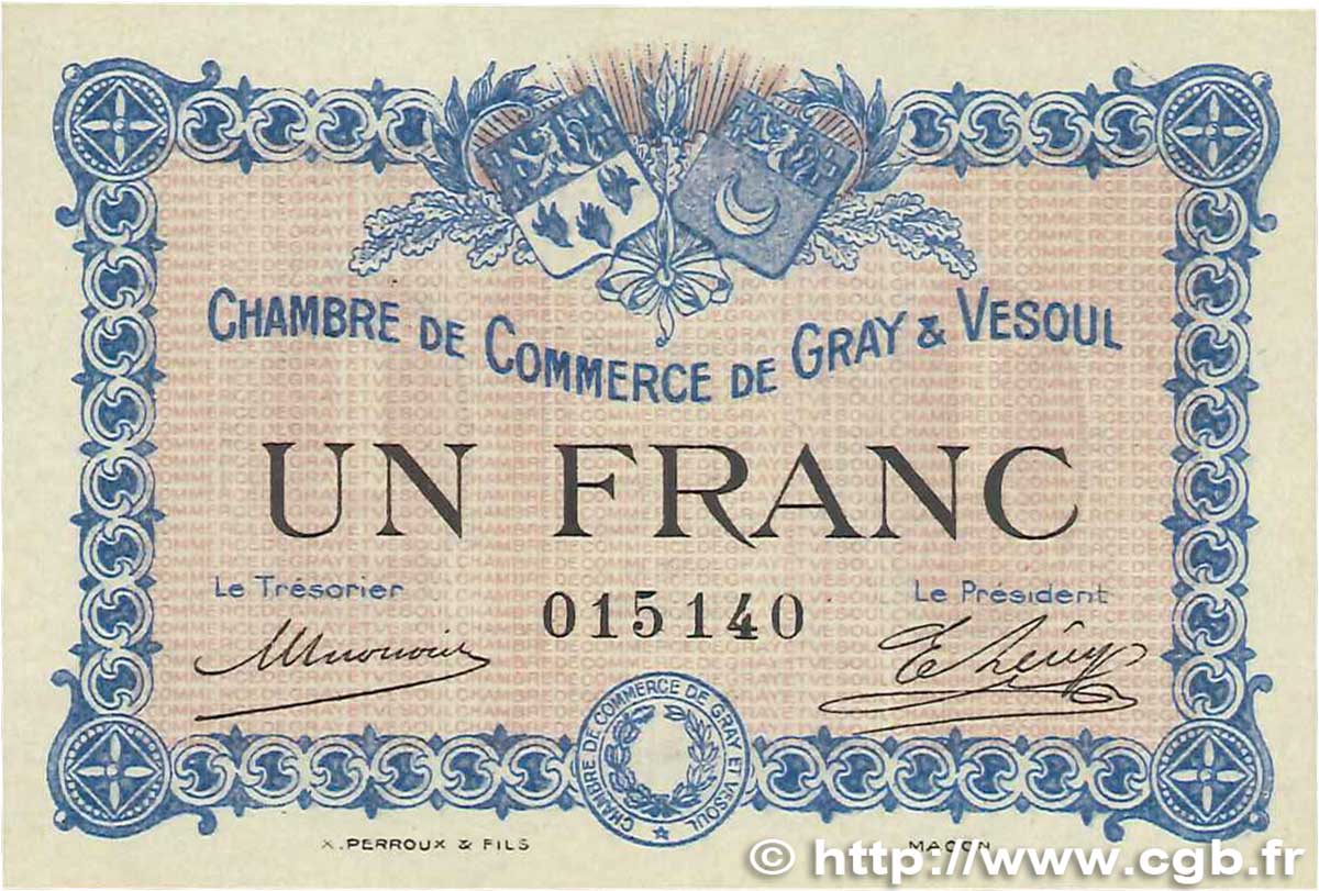1 Franc FRANCE Regionalismus und verschiedenen Gray et Vesoul 1915 JP.062.03 VZ+
