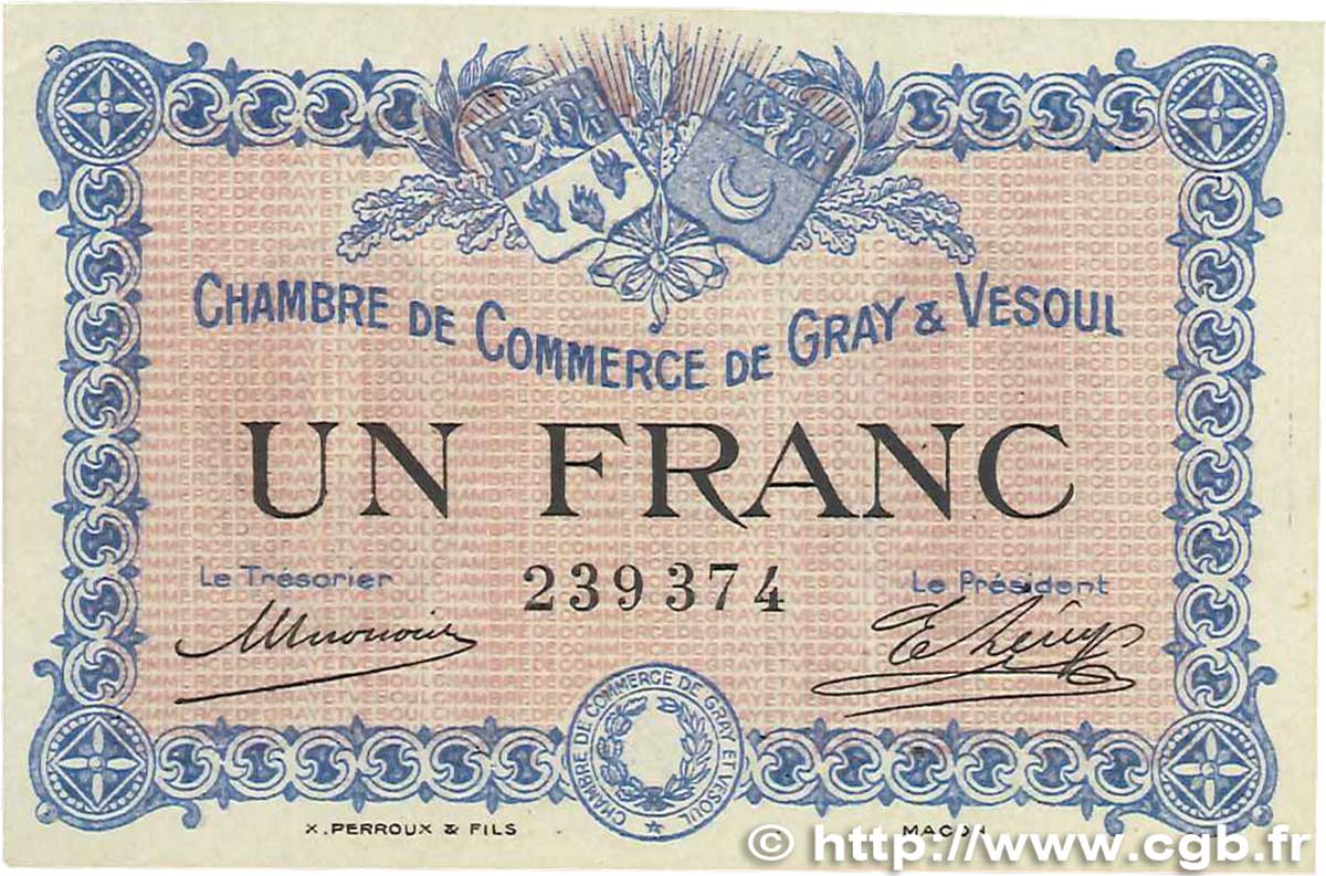 1 Franc FRANCE Regionalismus und verschiedenen Gray et Vesoul 1915 JP.062.03 fST+