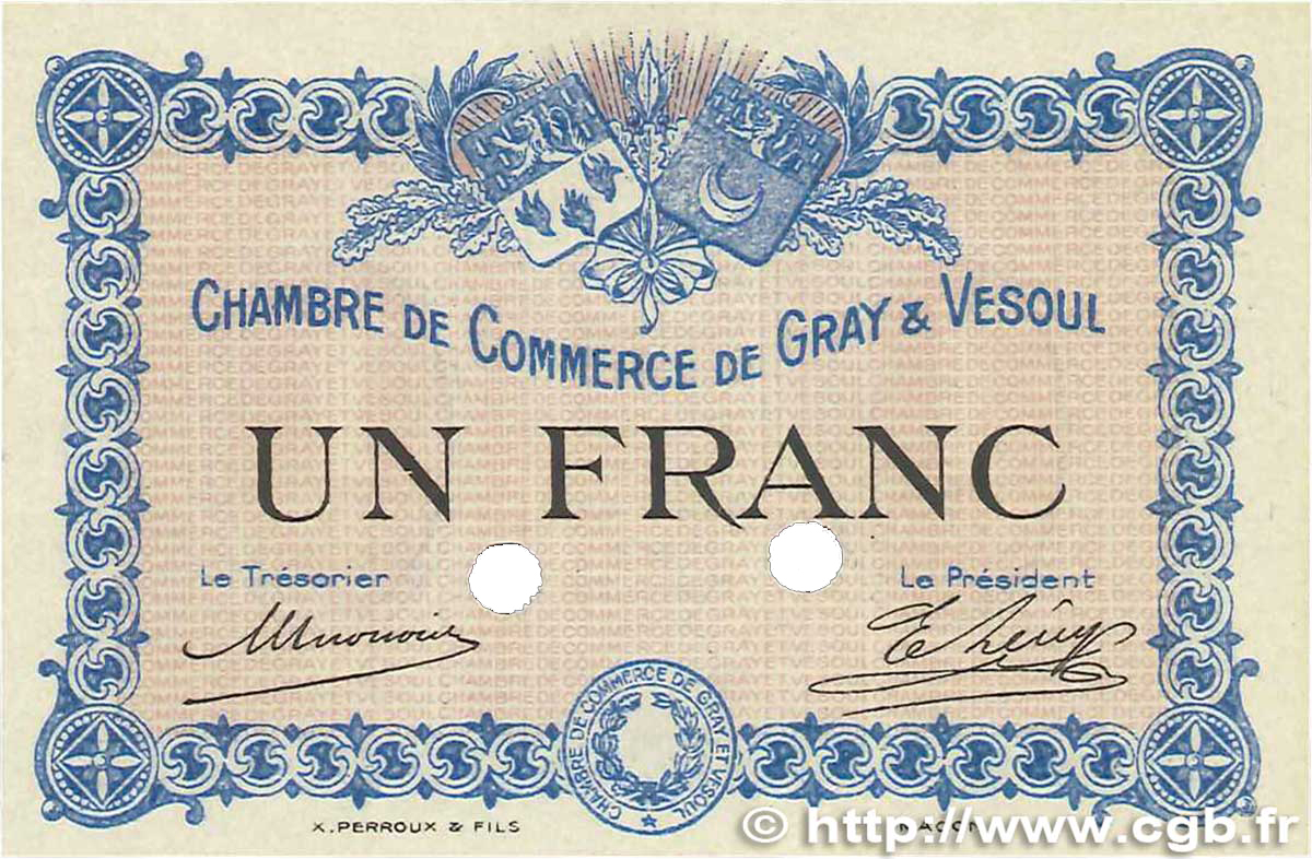 1 Franc Spécimen FRANCE regionalism and various Gray et Vesoul 1915 JP.062.04 UNC-