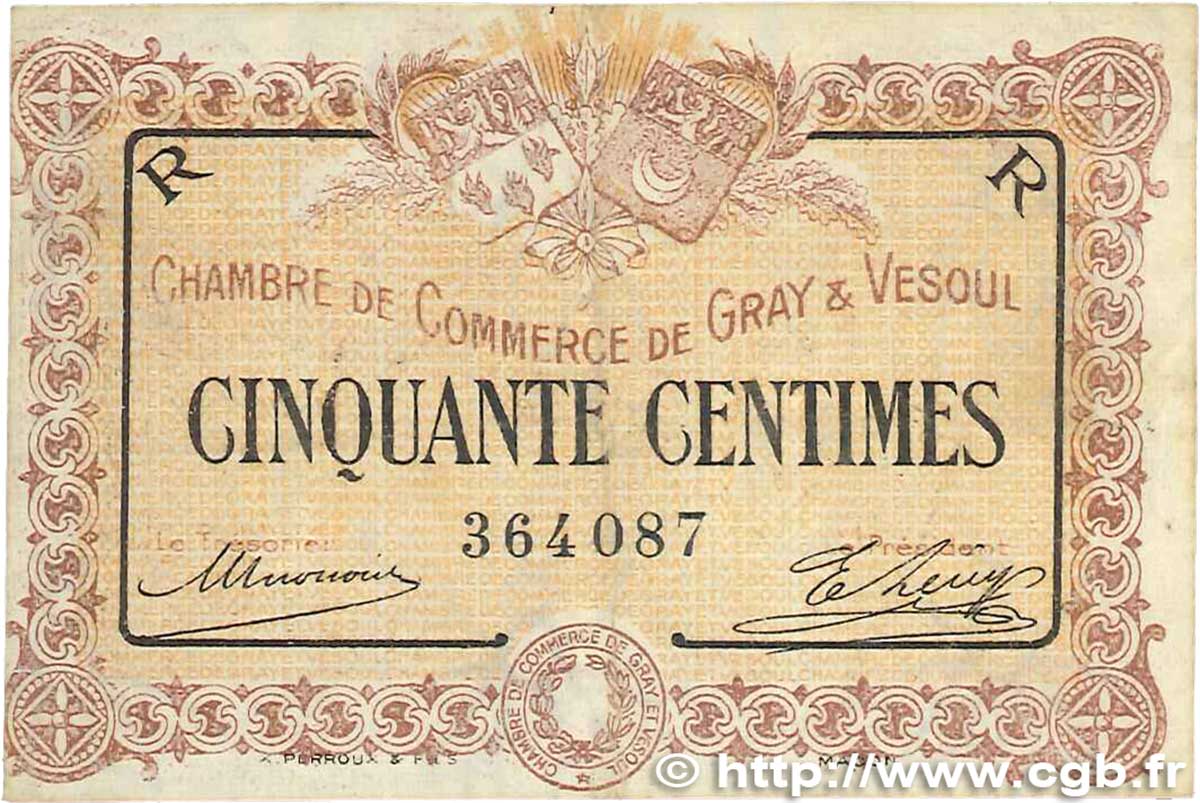 50 Centimes FRANCE régionalisme et divers Gray et Vesoul 1915 JP.062.07 TB