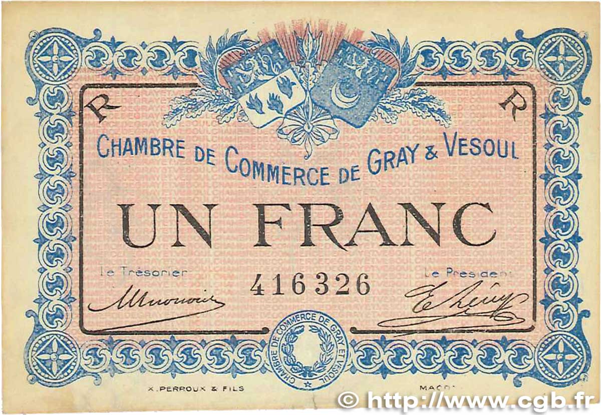 1 Franc FRANCE regionalism and various Gray et Vesoul 1915 JP.062.09 VF-