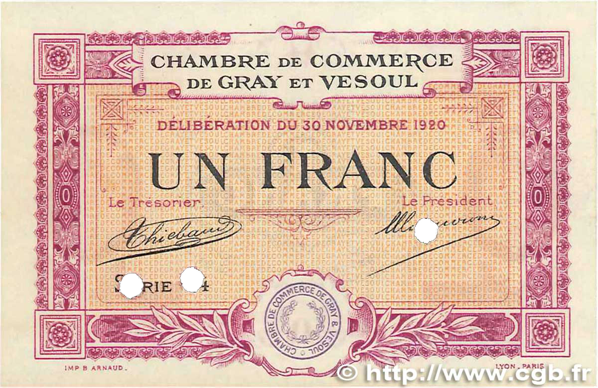1 Franc Spécimen FRANCE regionalismo y varios Gray et Vesoul 1920 JP.062.18 SC+