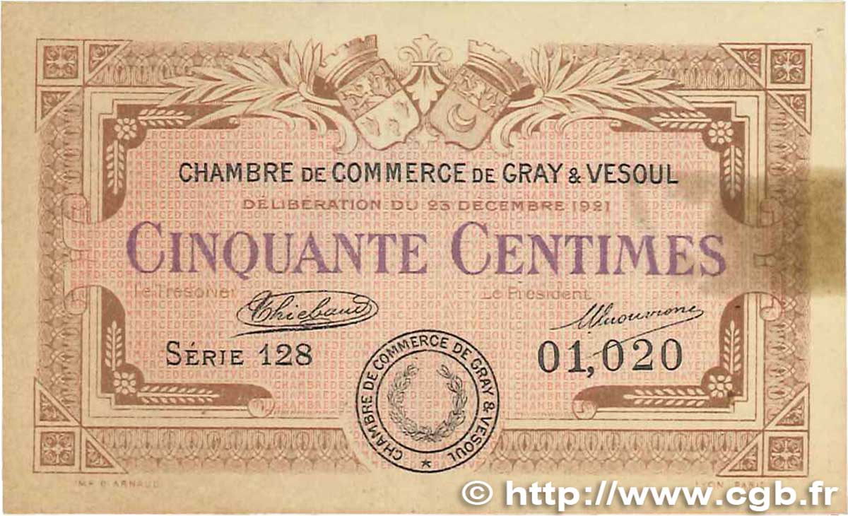 50 Centimes FRANCE regionalism and various Gray et Vesoul 1921 JP.062.19 VF