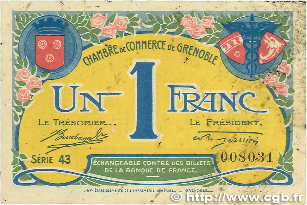 1 Franc FRANCE regionalismo y varios Grenoble 1917 JP.063.20 BC+