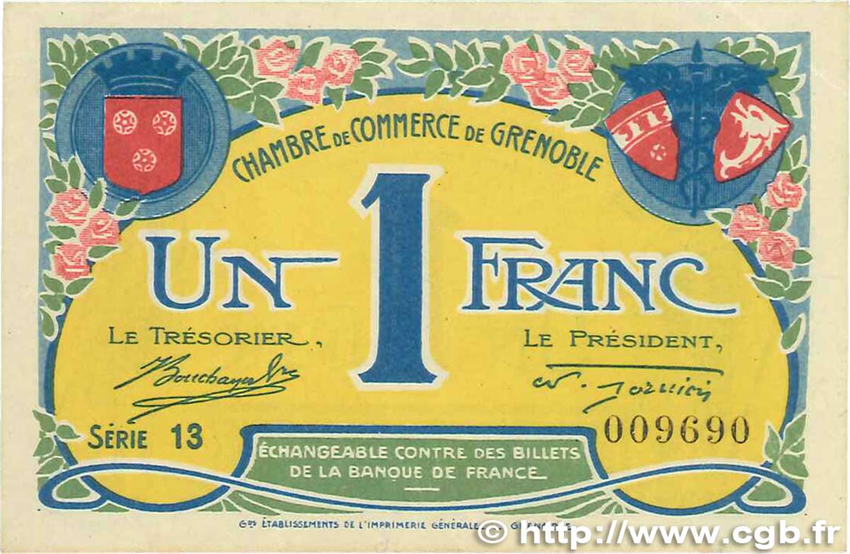 1 Franc FRANCE regionalism and various Grenoble 1917 JP.063.20 VF+