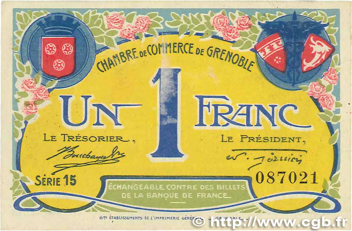 1 Franc FRANCE regionalismo y varios Grenoble 1917 JP.063.25 MBC+