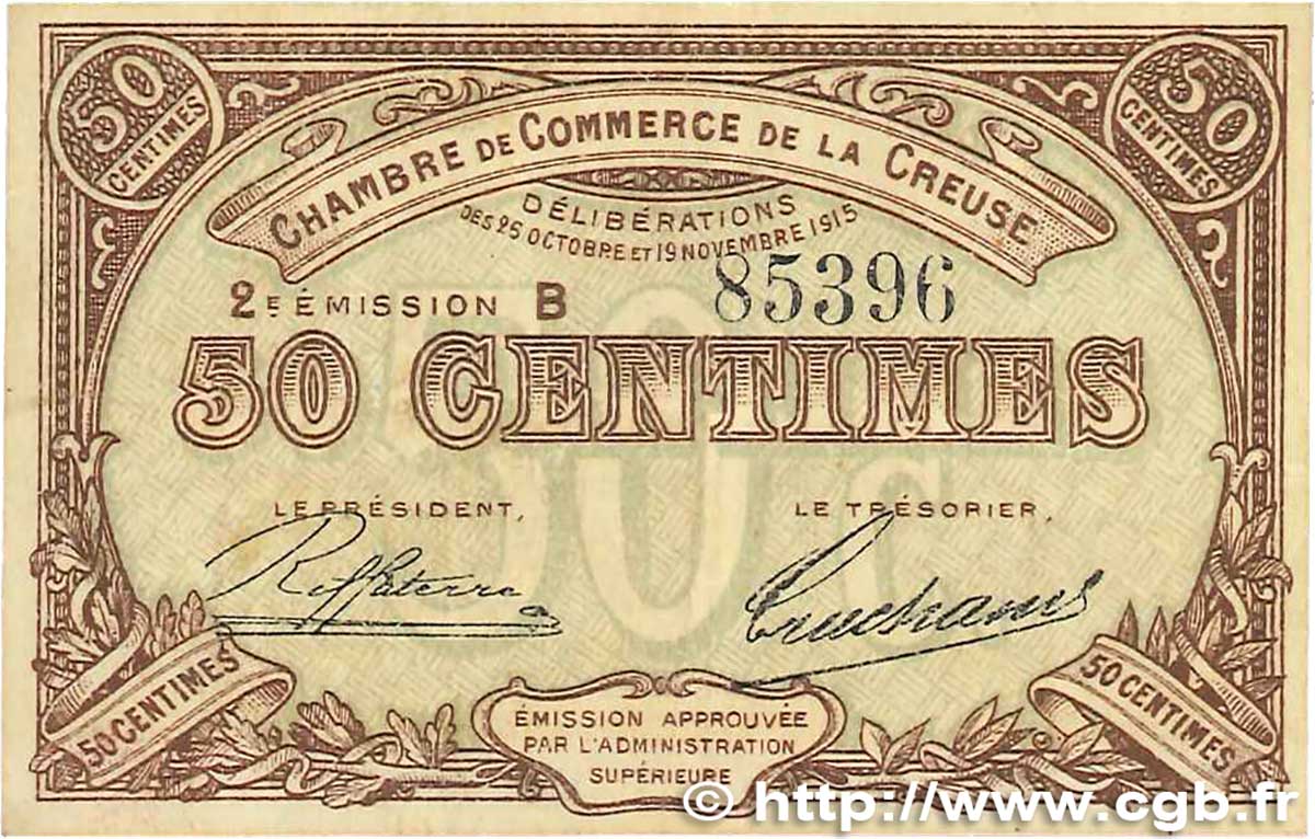 50 Centimes FRANCE Regionalismus und verschiedenen Guéret 1915 JP.064.07 SS