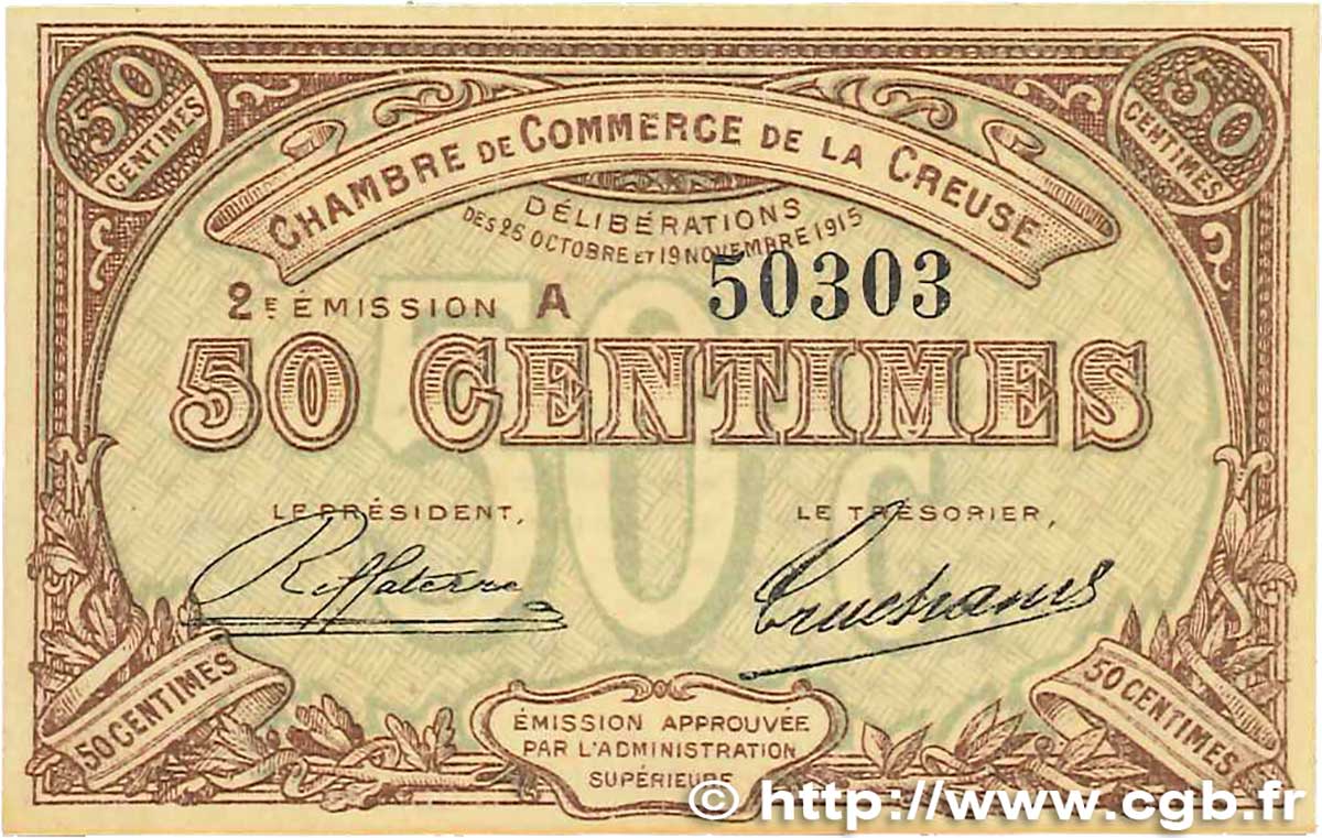 50 Centimes FRANCE Regionalismus und verschiedenen Guéret 1915 JP.064.07 fST+