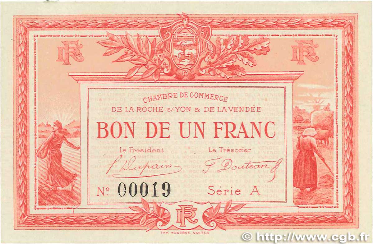 1 Franc FRANCE Regionalismus und verschiedenen La Roche-Sur-Yon 1915 JP.065.05 fST+