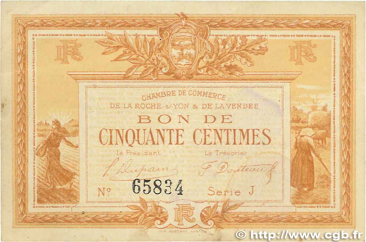 50 Centimes FRANCE regionalism and miscellaneous La Roche-Sur-Yon 1915 JP.065.14 VF