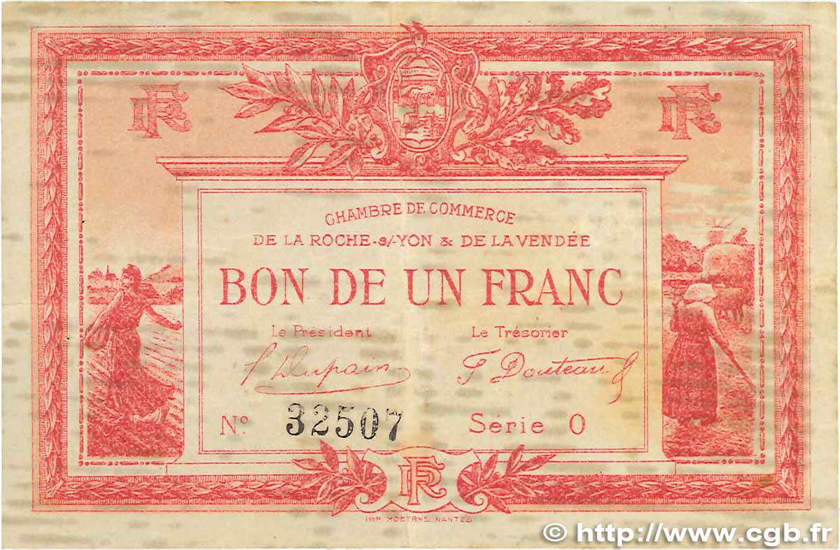 1 Franc FRANCE Regionalismus und verschiedenen La Roche-Sur-Yon 1915 JP.065.17 S
