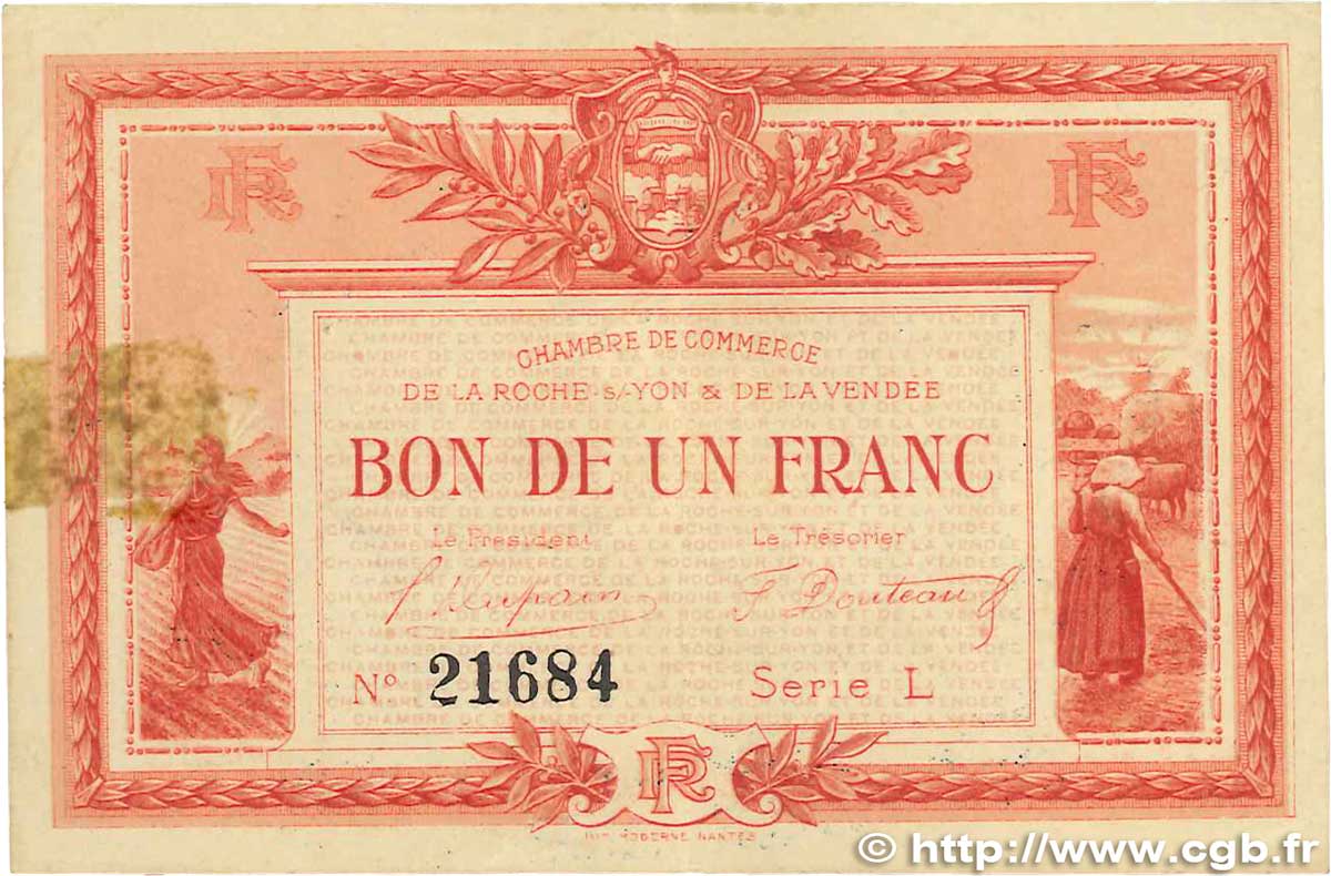 1 Franc FRANCE régionalisme et divers La Roche-Sur-Yon 1915 JP.065.17 pr.TTB