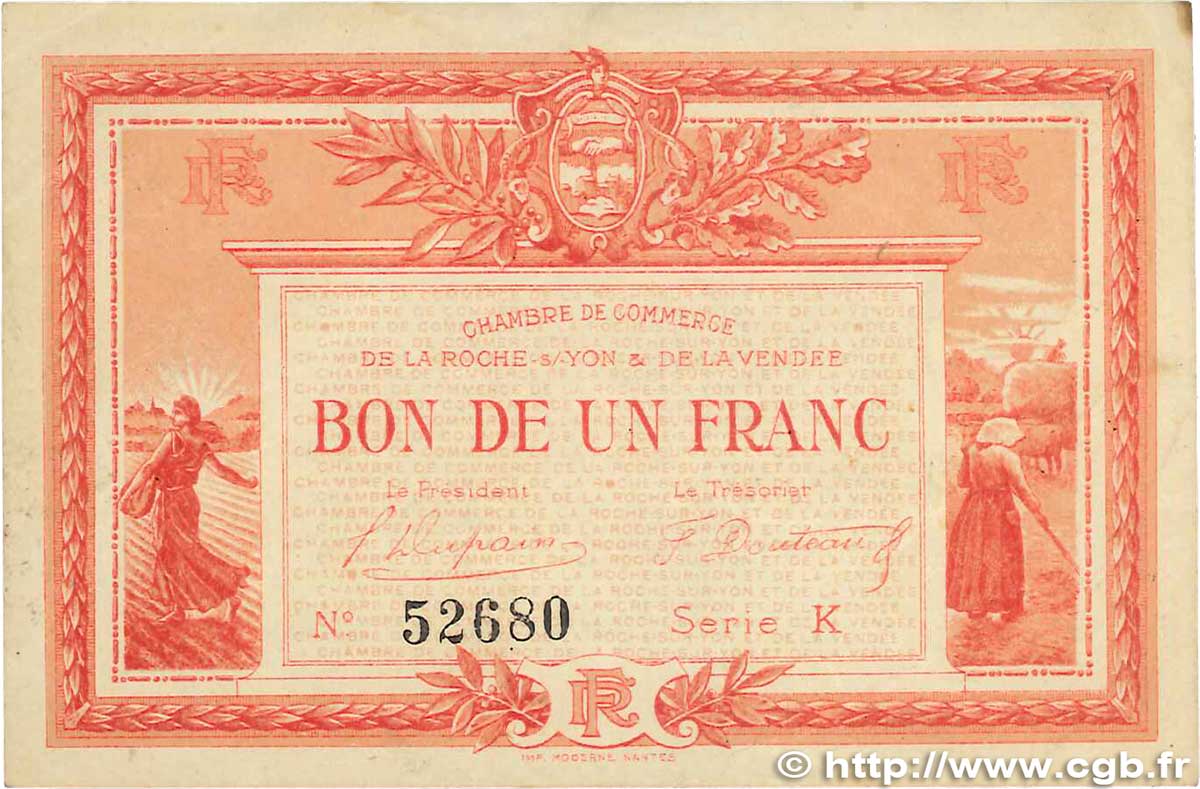 1 Franc FRANCE Regionalismus und verschiedenen La Roche-Sur-Yon 1915 JP.065.17 SS