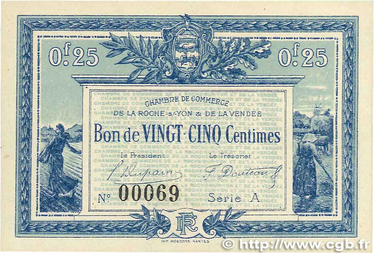 25 Centimes FRANCE regionalism and various La Roche-Sur-Yon 1916 JP.065.26 UNC-