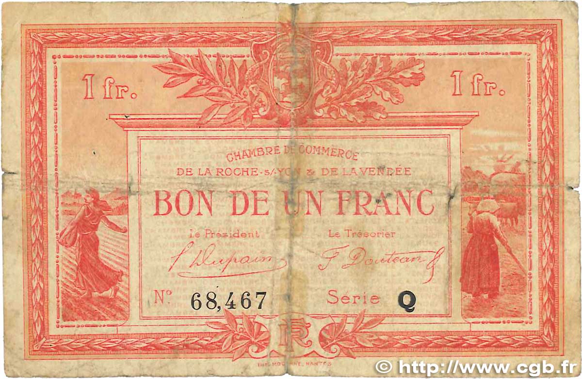 1 Franc FRANCE regionalism and miscellaneous La Roche-Sur-Yon 1922 JP.065.33 G