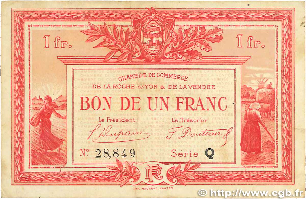 1 Franc FRANCE Regionalismus und verschiedenen La Roche-Sur-Yon 1922 JP.065.33 S