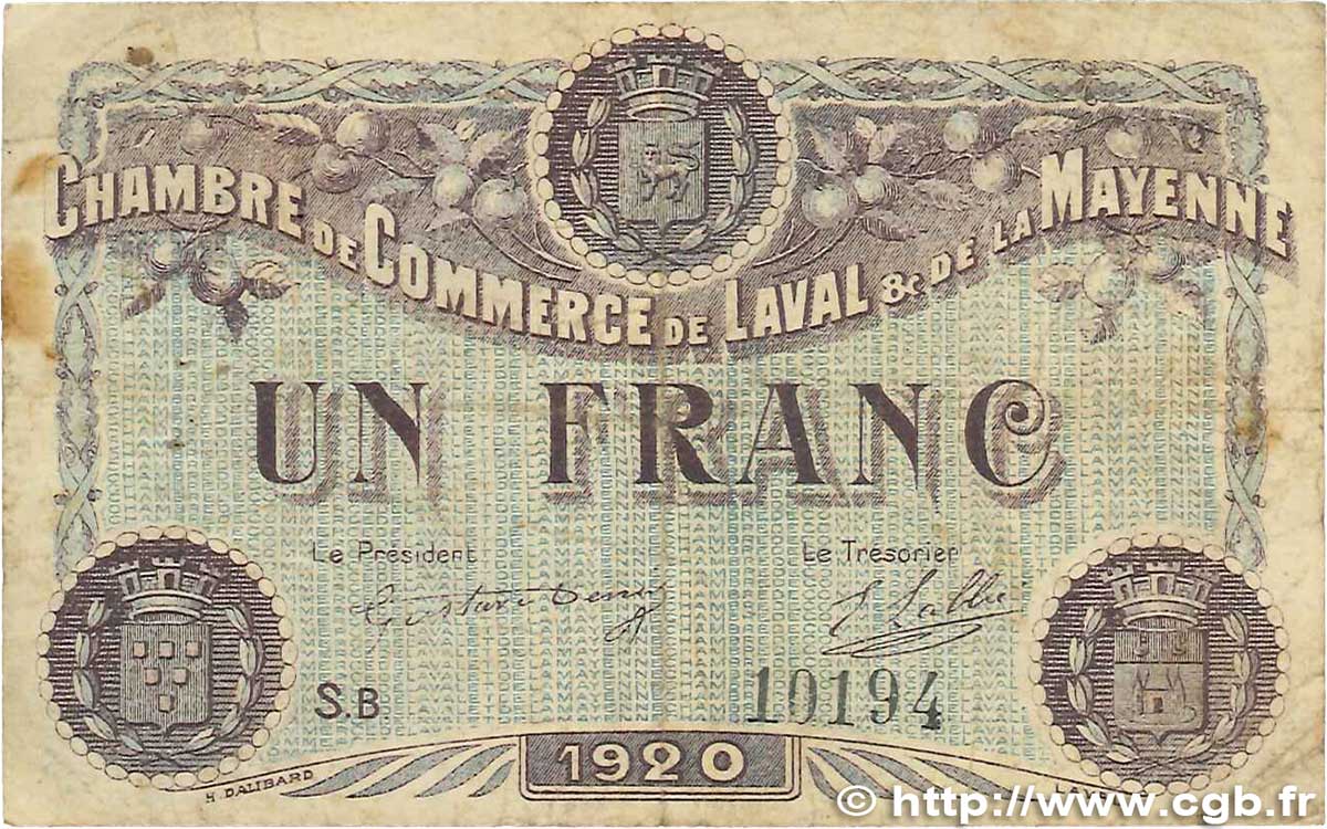 1 Franc FRANCE regionalism and miscellaneous Laval 1920 JP.067.05 VG