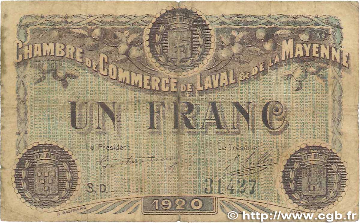 1 Franc FRANCE Regionalismus und verschiedenen Laval 1920 JP.067.05 SGE