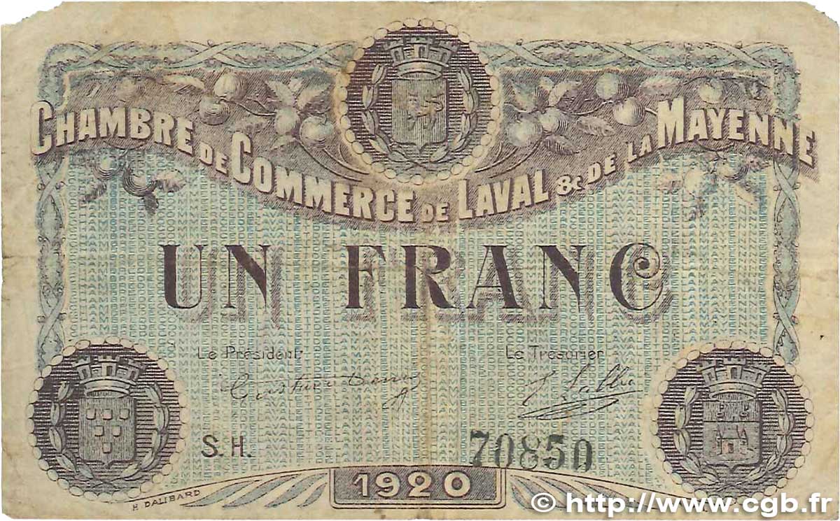 1 Franc FRANCE regionalismo y varios Laval 1920 JP.067.05 RC+